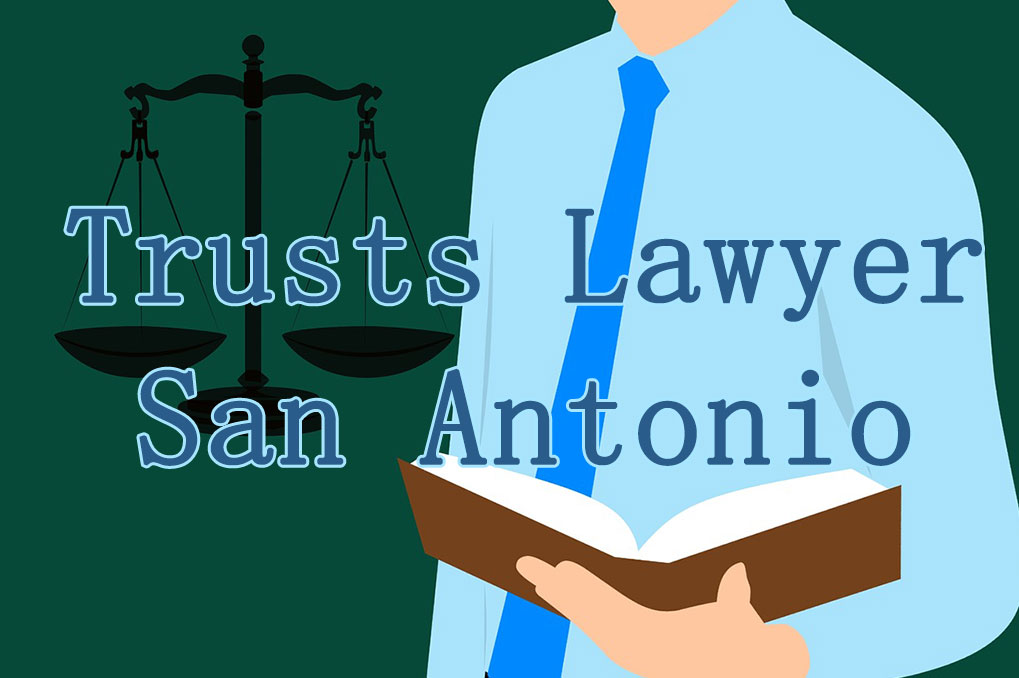 Text saying"Trusts Lawyer San Antonio" over clip art of man holding book and scales of justice next to him