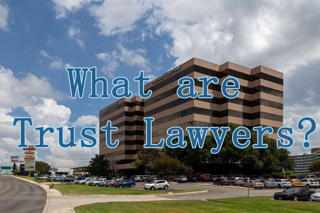 Text saying "What are Trust lawyers?" over business building